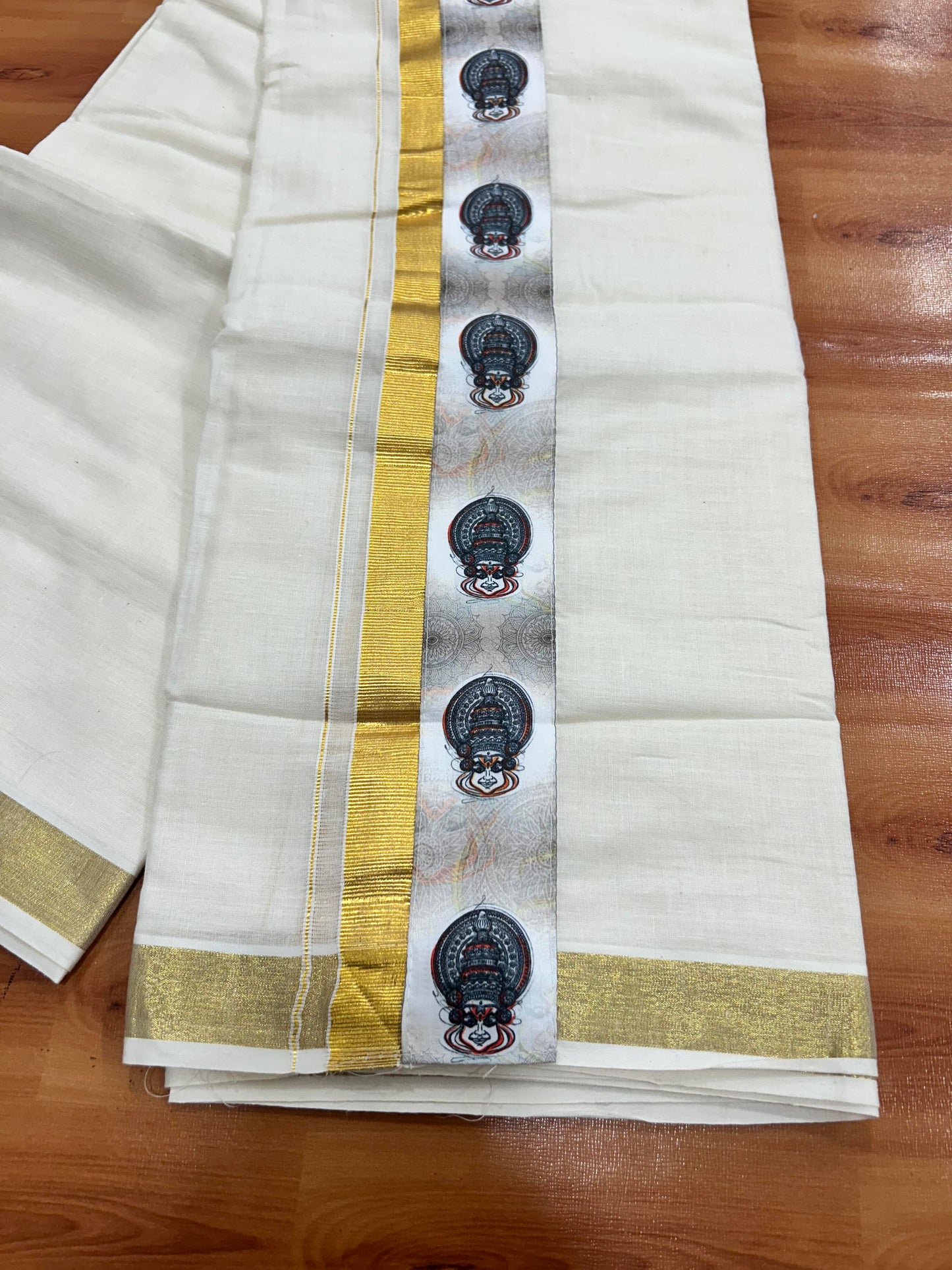 Combo Shirt Mund Mixed cotton - Half Sleeve - KaithariKada - Golden Brown Kadhakali Printed Design - 5 KK5447 ARU