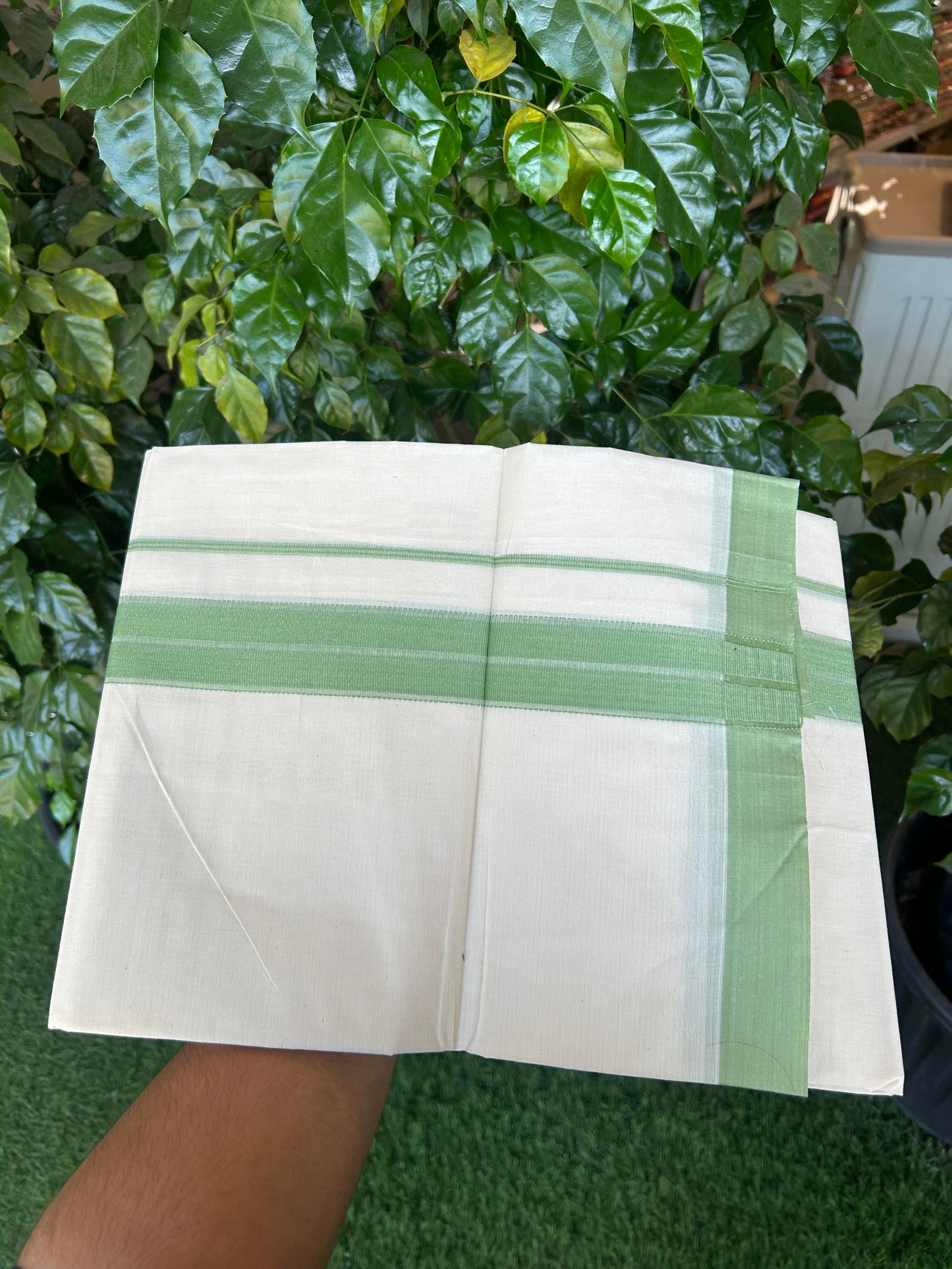 20% Discount! KaithariKada Balaramapuram 100% Cotton Double Off White Mundu/Dhoti- 100x80 - 1.75 inch Light Green striped Kara 4 mtr (8.5 muzham) - 183 KK5361 PMC