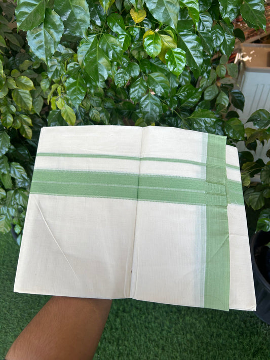 20% Discount! KaithariKada Balaramapuram 100% Cotton Double Off White Mundu/Dhoti- 100x80 - 1.75 inch Light Green striped Kara 4 mtr (8.5 muzham) - 183 KK5361 PMC