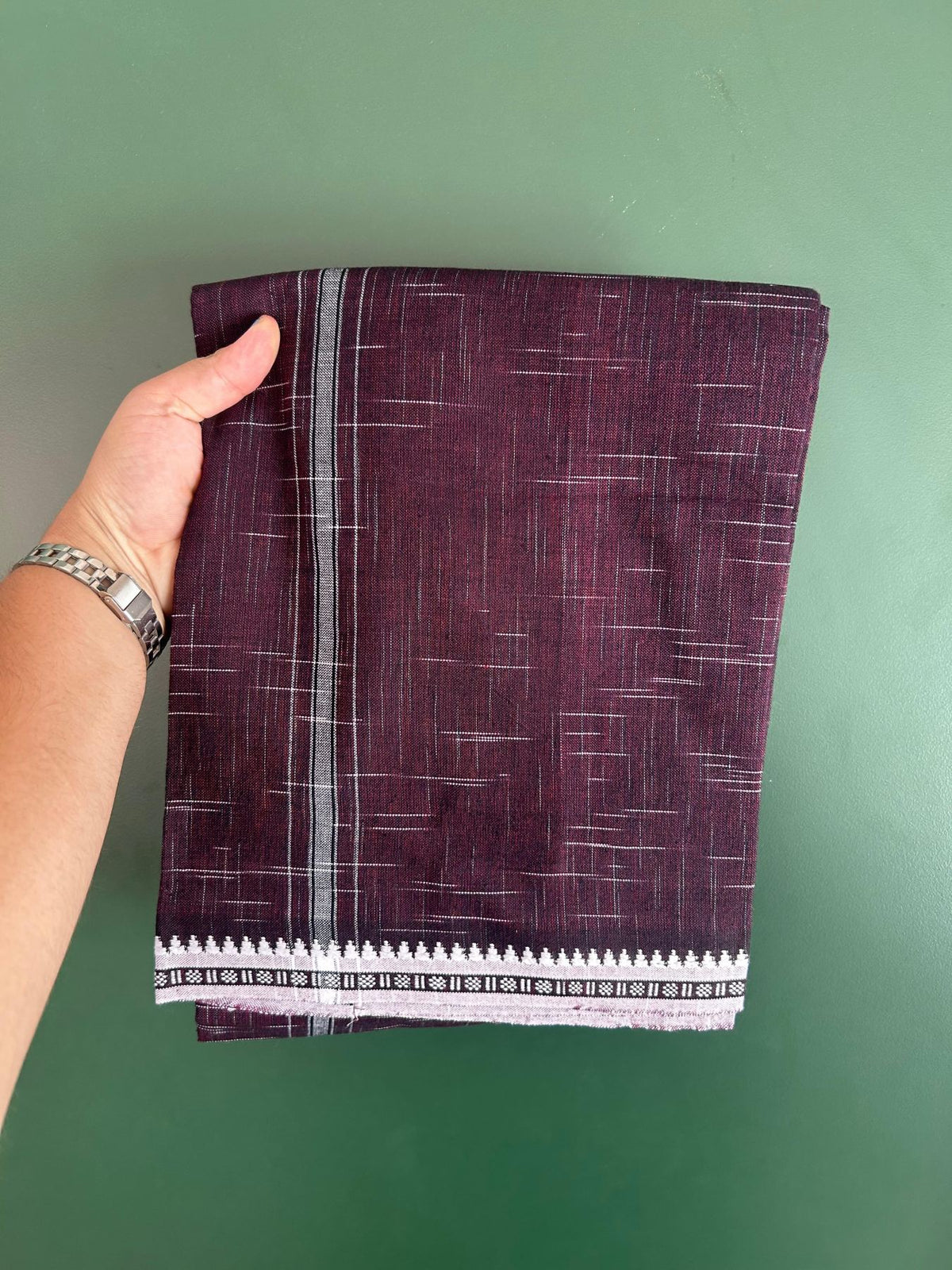 Premium Kathar Type Mund Pure cotton - Kaitharikada - Single Kaily / Lungi - 1 inch Black & White Striped Kara kuppadam Border with Maroon Black Shaded colour body (2 meter / 4 muzham) - 10 KK8079 MUT
