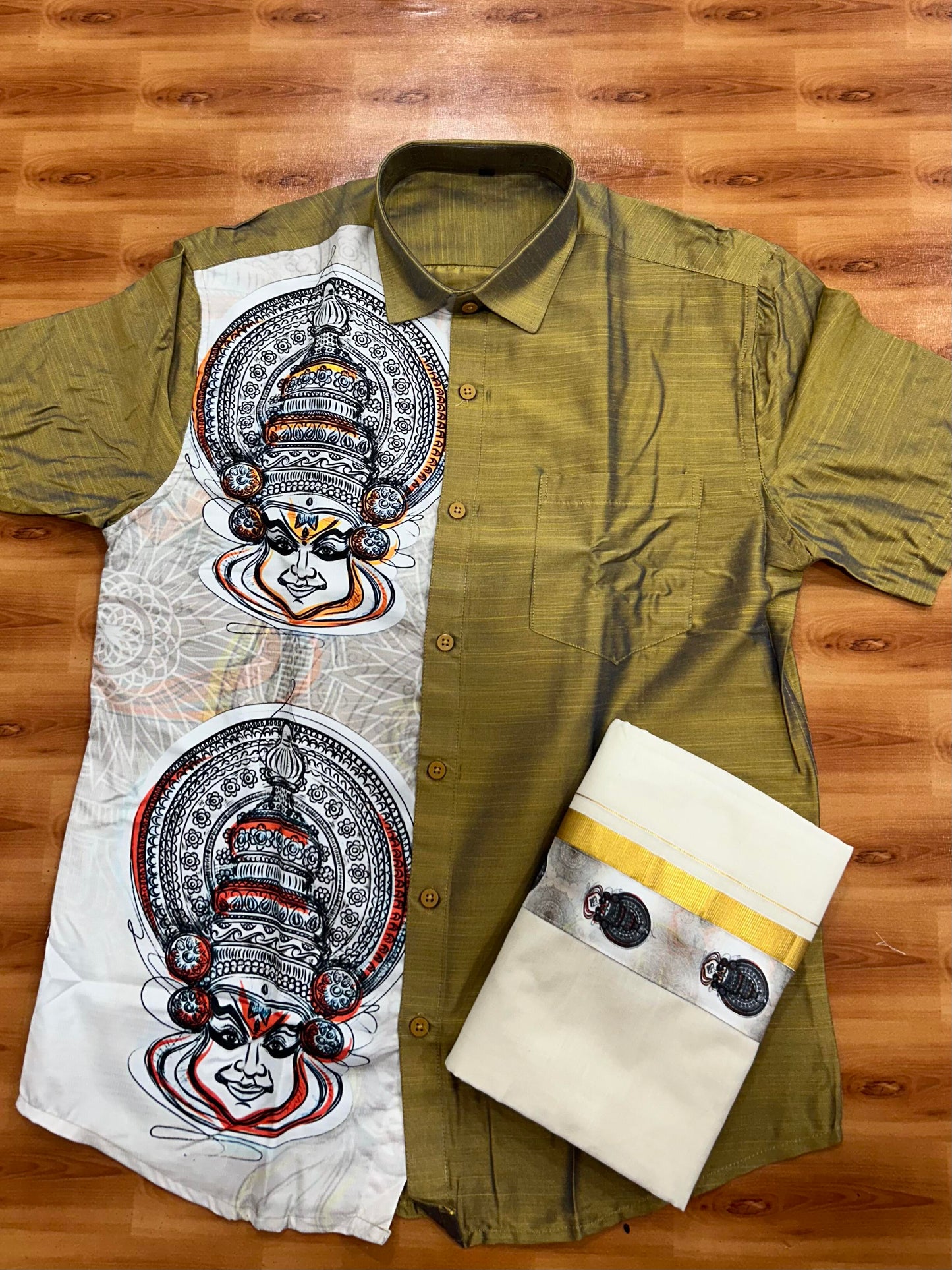 Combo Shirt Mund Mixed cotton - Half Sleeve - KaithariKada - Golden Brown Kadhakali Printed Design - 5 KK5447 ARU
