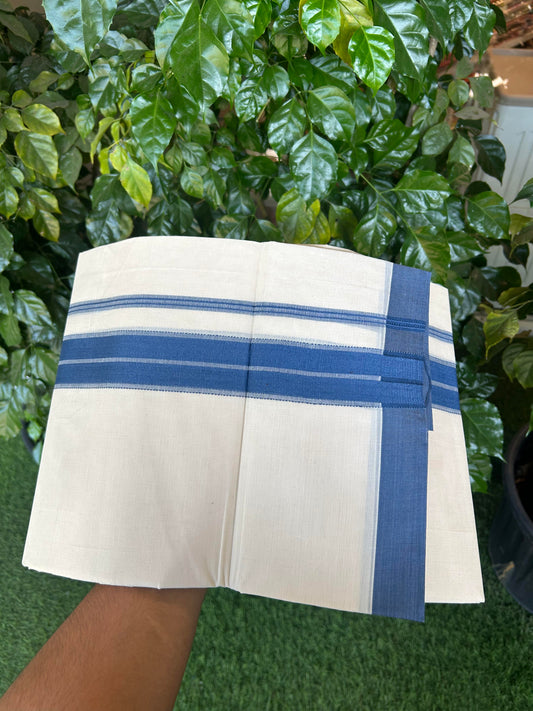 20% Discount! KaithariKada Balaramapuram 100% Cotton Double Off White Mundu/Dhoti- 100x80 - 1.75 inch Denim blue striped Kara 4 mtr (8.5 muzham) - 182 KK5361 PMC