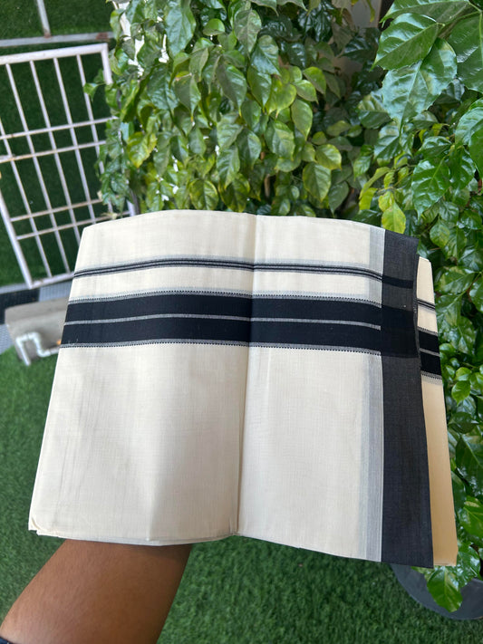 20% Discount! KaithariKada Balaramapuram 100% Cotton Double Off White Mundu/Dhoti- 100x80 - 1.75 inch Black striped Kara 4 mtr (8.5 muzham) - 184 KK5361 PMC