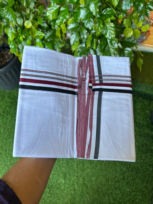 ADMK VESHTI - 20% DISCOUNT! KaithariKada 100% Cotton PURE WHITE Double Mundu/Dhoti - 100X100 - 1 inch Black White & Maroon stripes kara 4 mtr (8.5 muzham) - 39KK5224 ASH