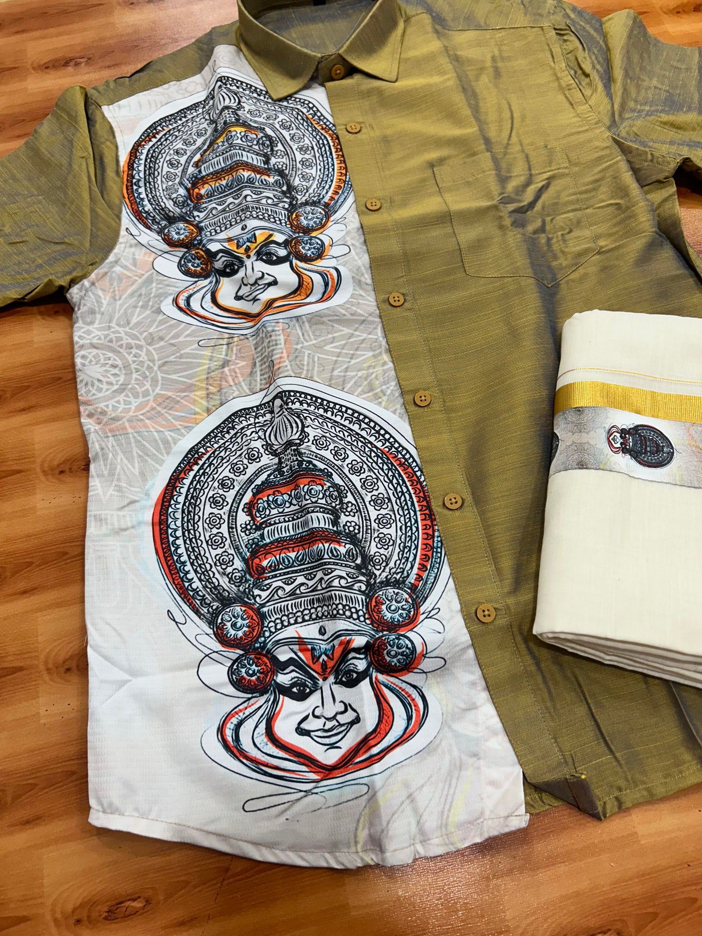 Combo Shirt Mund Mixed cotton - Half Sleeve - KaithariKada - Golden Brown Kadhakali Printed Design - 5 KK5447 ARU