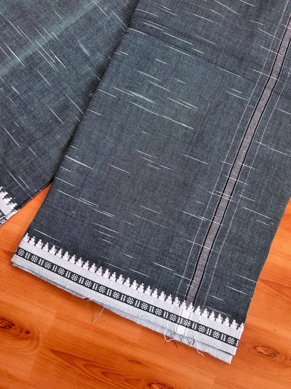 Premium Kathar Type Mund Pure cotton - Kaitharikada - Single Kaily / Lungi - 1 inch Black & White Striped Kara kuppadam Border with Teal Blue Black Shaded colour body (2 meter / 4 muzham) - 11 KK8079 MUT