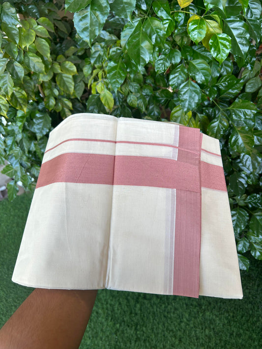 20% Discount! KaithariKada Balaramapuram 100% Cotton Double Off White Mundu/Dhoti- 100x80 - 1.75 inch Peach pink Kara 4 mtr (8.5 muzham) - 187 KK5361 PMC