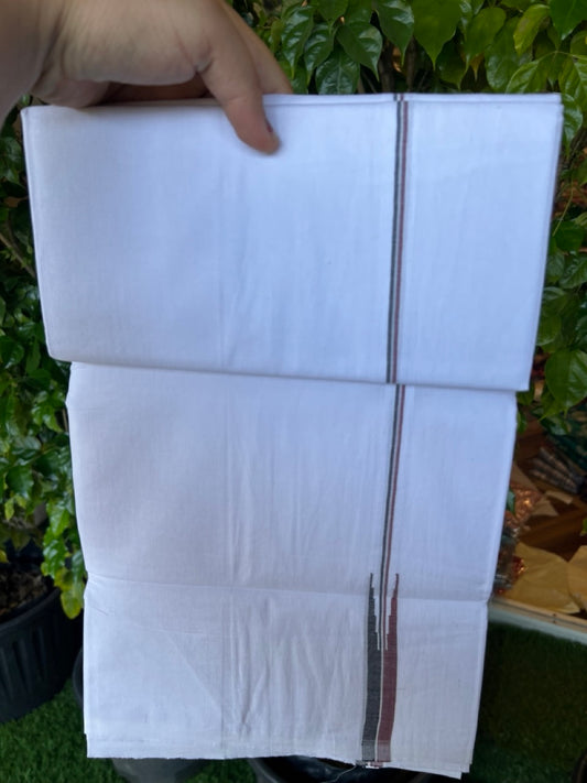 ADMK VESTHI 20% DISCOUNT ! KaithariKada Balaramapuram 100% COTTON DOUBLE PURE WHITE Mundu/Dhoti-100X100- 0.75 Inch Puliyilakkara Maroon & Black Shaded Chutty Kara 3.75 mtr (8 muzham) - 40KK5224 ASH