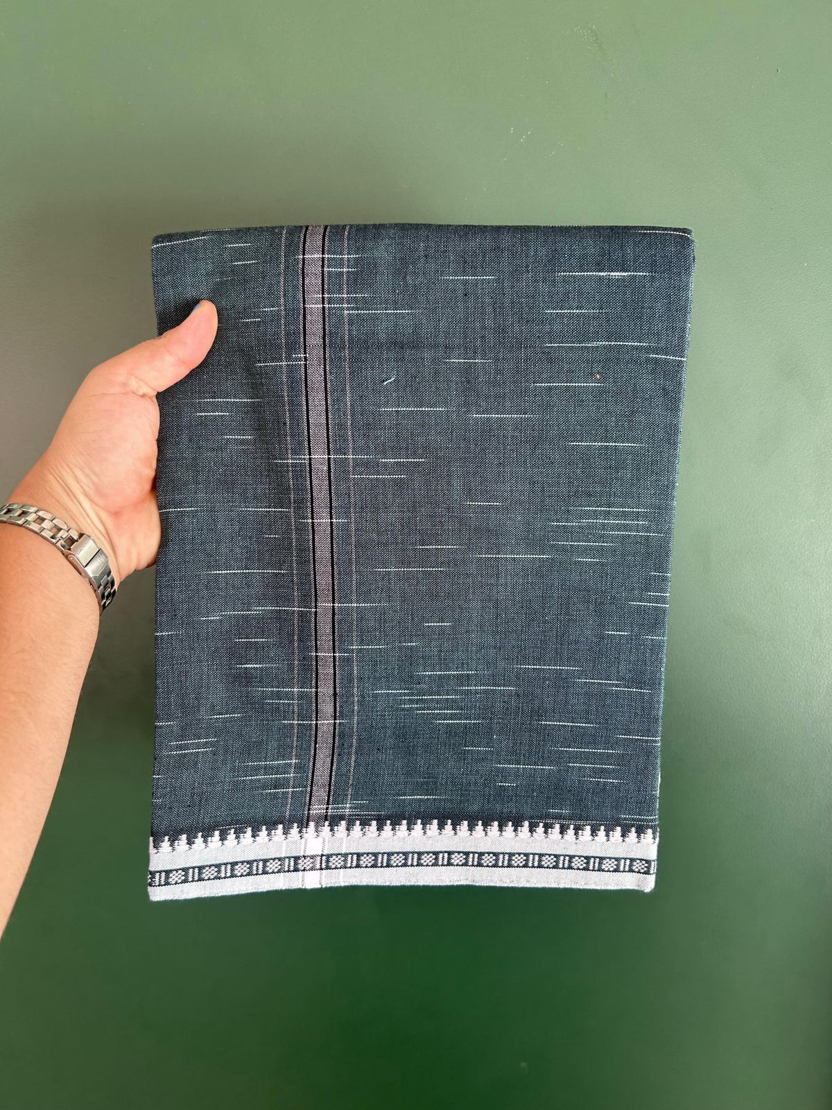Premium Kathar Type Mund Pure cotton - Kaitharikada - Single Kaily / Lungi - 1 inch Black & White Striped Kara kuppadam Border with Teal Blue Black Shaded colour body (2 meter / 4 muzham) - 11 KK8079 MUT