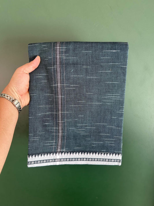 Premium Kathar Type Mund Pure cotton - Kaitharikada - Single Kaily / Lungi - 1 inch Black & White Striped Kara kuppadam Border with Teal Blue Black Shaded colour body (2 meter / 4 muzham) - 11 KK8079 MUT