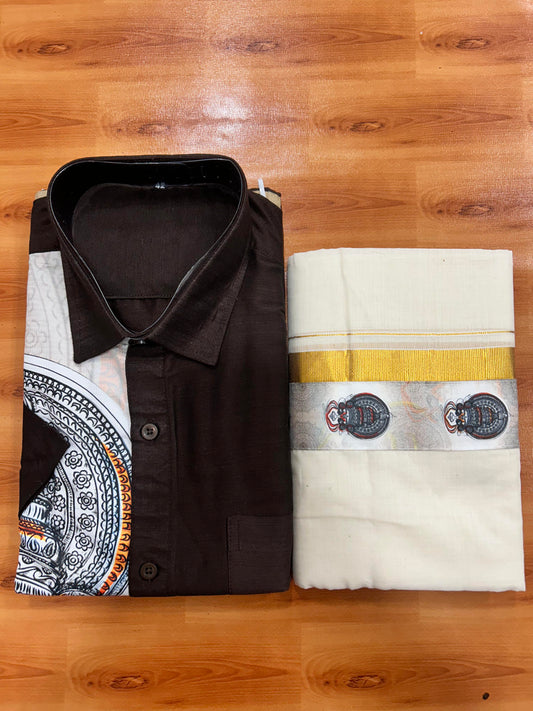 Combo Shirt Mund Mixed cotton - Half Sleeve - KaithariKada - Dark Brown Kadhakali Printed Design - 6 KK5447 ARU