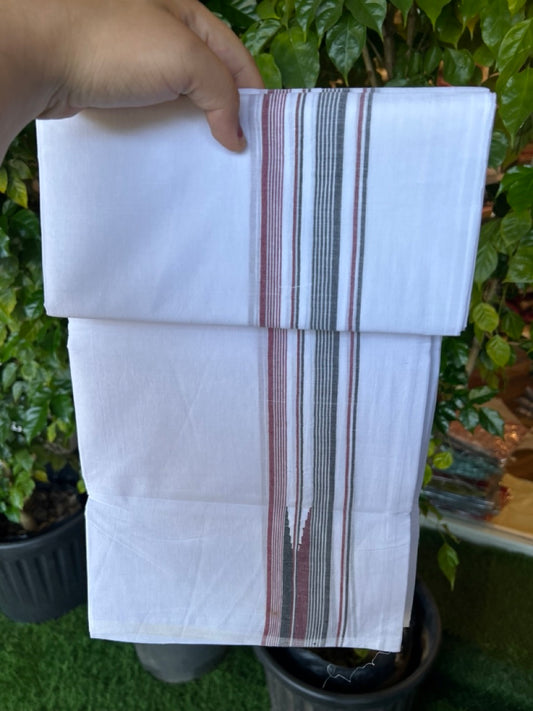 ADMK VESHTI 20% Discount !! KaithariKada Balaramapuram Double PURE WHITE Mundu/Dhoti - 100X100 - 1.75 inch Puliyilakkara Maroon & Black Striped Chutty Kara 4.34 mtr (9 muzham) - 41KK5224 ASH