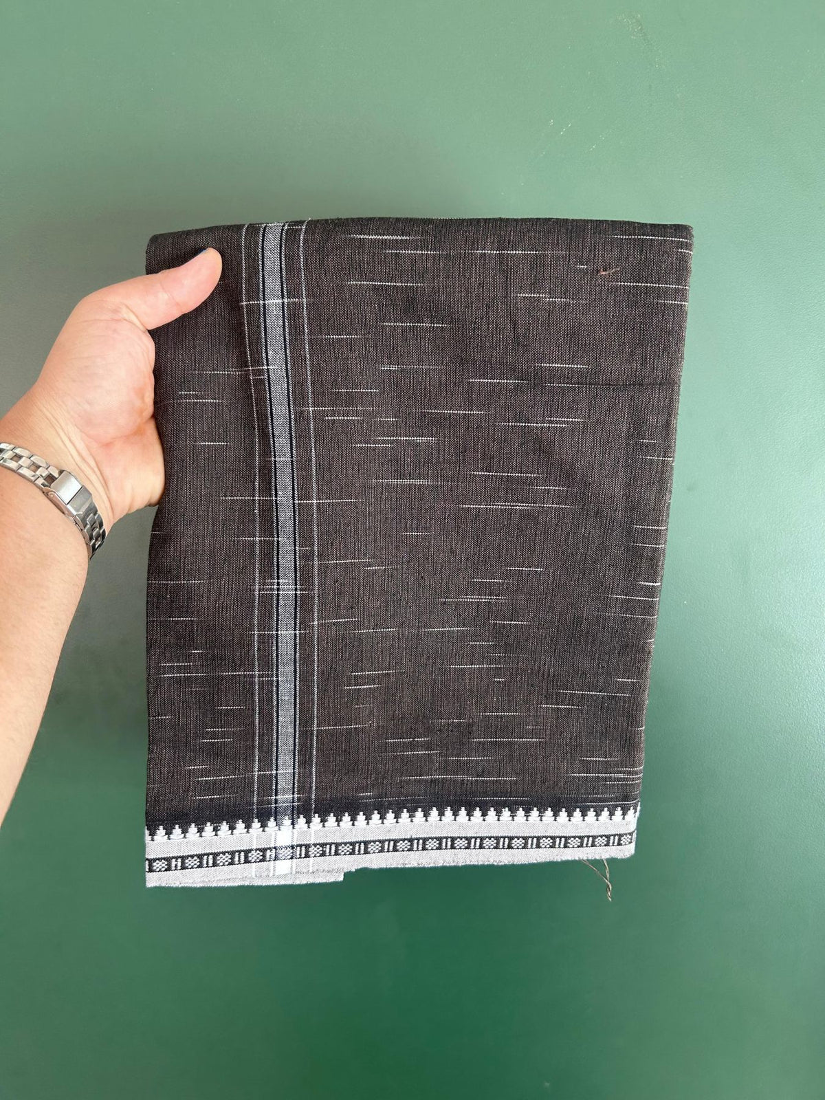 Premium Kathar Type Mund Pure cotton - Kaitharikada - Single Kaily / Lungi - 1 inch Black & White Striped Kara kuppadam Border with Dark Green Brown Black Shaded colour body (2 meter / 4 muzham) - 12 KK8079 MUT