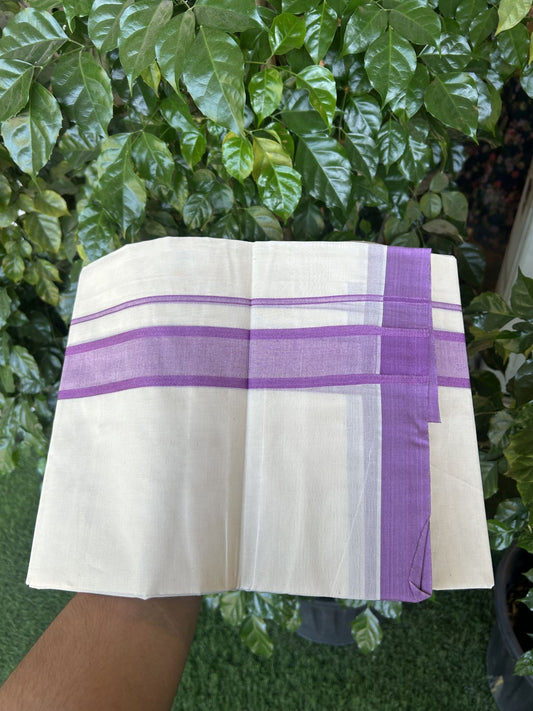 20% Discount! KaithariKada Balaramapuram 100% Cotton Double Off White Mundu/Dhoti- 100x80 - 1.75 inch Violet shaded Kara 4 mtr (8.5 muzham) - 192 KK5361 PMC