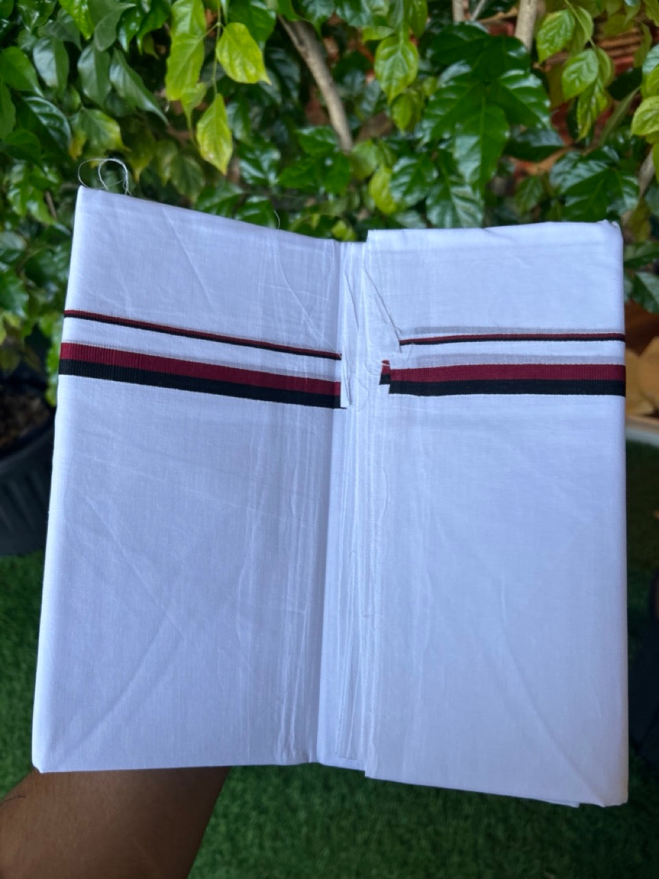 DMK Veshti - 20% DISCOUNT! KaithariKada 100% Cotton PURE WHITE Double Mundu/Dhoti - 100X100 - 0.5 inch Black & Maroon kara 4.00 mtr (8.5 muzham)- 47KK5224 ASH