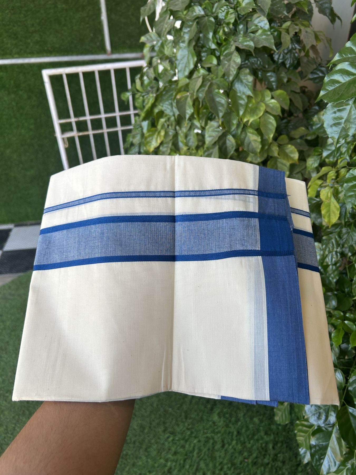 20% Discount! KaithariKada Balaramapuram 100% Cotton Double Off White Mundu/Dhoti- 100x80 - 1.75 inch Blue shaded Kara 4 mtr (8.5 muzham) - 191 KK5361 PMC