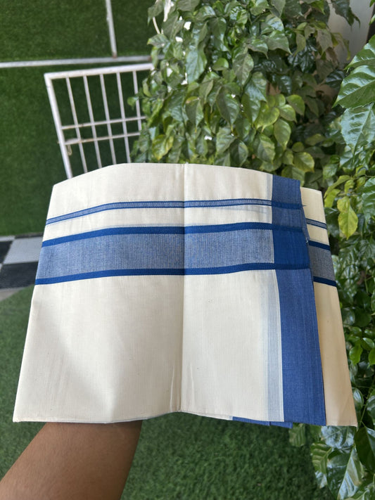 20% Discount! KaithariKada Balaramapuram 100% Cotton Double Off White Mundu/Dhoti- 100x80 - 1.75 inch Blue shaded Kara 4 mtr (8.5 muzham) - 191 KK5361 PMC