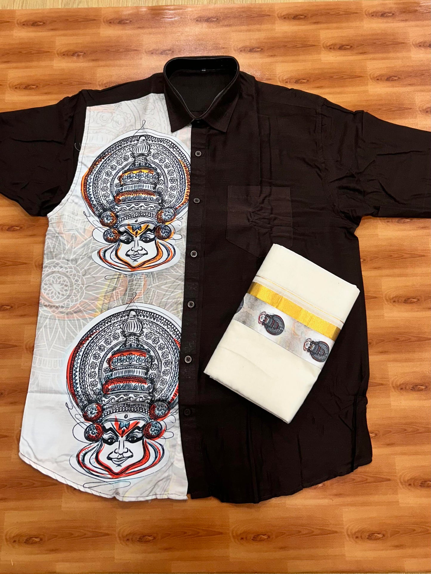 Combo Shirt Mund Mixed cotton - Half Sleeve - KaithariKada - Dark Brown Kadhakali Printed Design - 6 KK5447 ARU