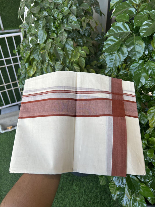 20% Discount! KaithariKada Balaramapuram 100% Cotton Double Off White Mundu/Dhoti- 100x80 - 1.75 inch Burnt Red shaded Kara 4 mtr (8.5 muzham) - 193 KK5361 PMC