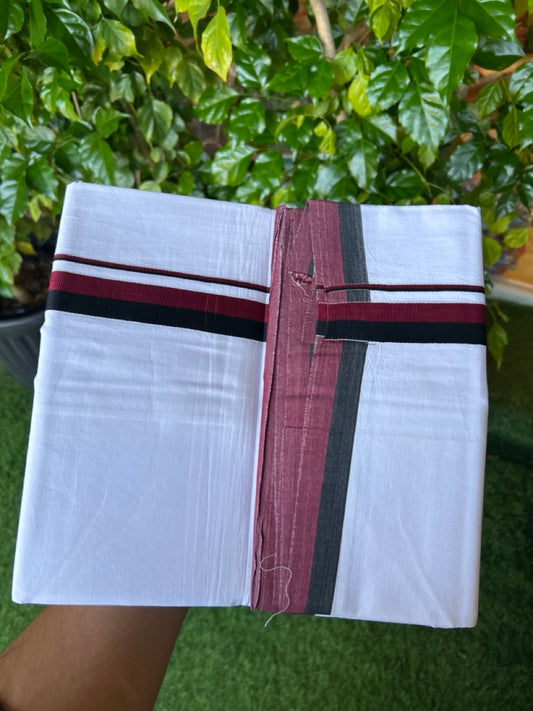DMK Veshti - 20% DISCOUNT! KaithariKada 100% Cotton PURE WHITE Double Mundu/Dhoti - 100X100 - 1 inch Black & Maroon kara - 1KK5102ASH