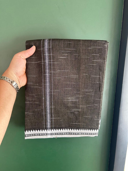 Premium Kathar Type Mund Pure cotton - Kaitharikada - Single Kaily / Lungi - 1 inch Black & White Striped Kara kuppadam Border with Green Sand Brown Black Shaded colour body (2 meter / 4 muzham) - 13 KK8079 MUT