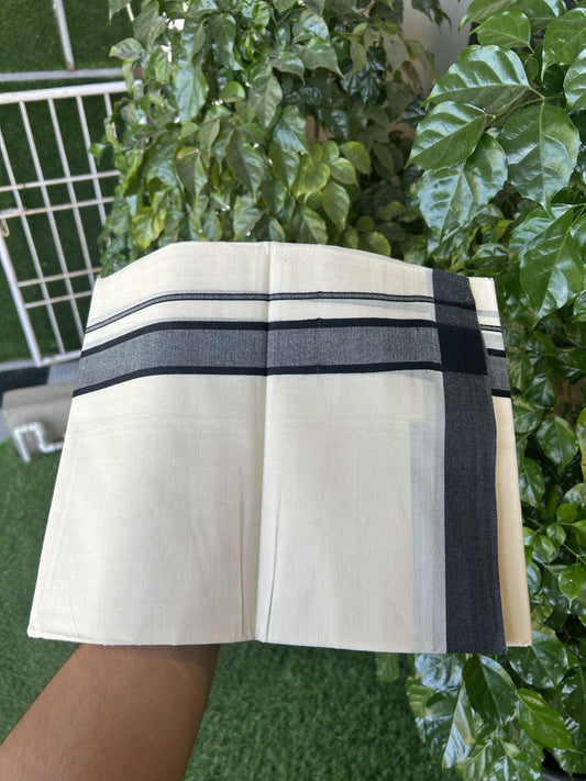 20% Discount! KaithariKada Balaramapuram 100% Cotton Double Off White Mundu/Dhoti- 100x80 - 1.5 inch Black shaded Kara 4 mtr (8.5 muzham) - 196 KK5361 PMC