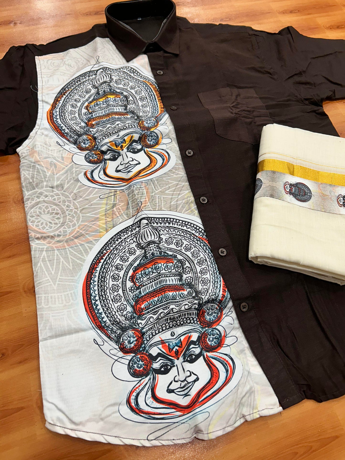 Combo Shirt Mund Mixed cotton - Half Sleeve - KaithariKada - Dark Brown Kadhakali Printed Design - 6 KK5447 ARU