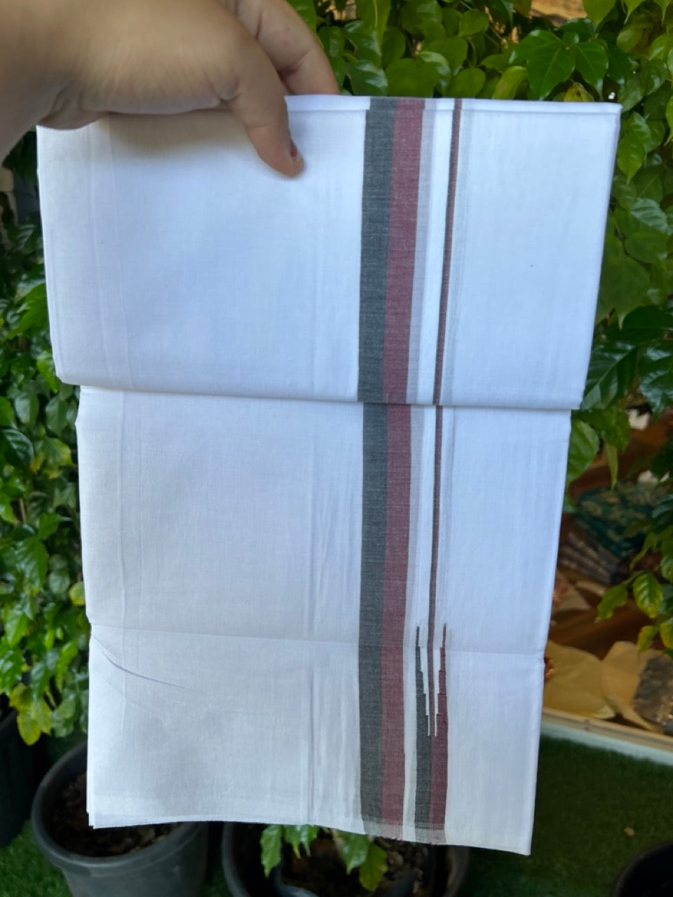 DMK Veshti - 20% Discount !! KaithariKada Balaramapuram Double PURE WHITE Mundu/Dhoti - 100X100 - 1.25 inch Puliyilakkara Maroon & Black shaded Chutty Kara 3.75 mtr (8 muzham)- 49KK5224 ASH