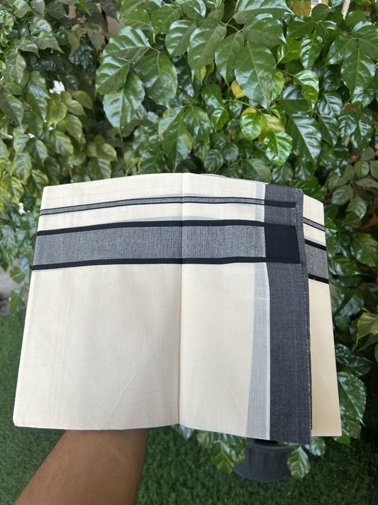 20% Discount! KaithariKada Balaramapuram 100% Cotton Double Off White Mundu/Dhoti- 100x80 - 2 inch Black shaded Kara 4 mtr (8.5 muzham) - 197 KK5361 PMC