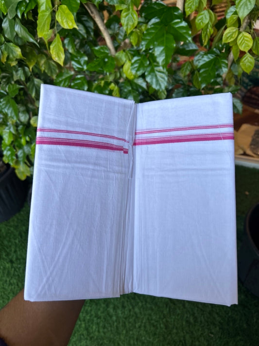 20% DISCOUNT! KaithariKada Balaramapuram 100% Cotton Double PURE WHITE Mundu/Dhoti - 100x100 - 0.5 cm Rose Pink Stripes Thin Kara 4 mtr (8.5 muzham) - 24KK5224 ASH