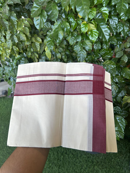 20% Discount! KaithariKada Balaramapuram 100% Cotton Double Off White Mundu/Dhoti- 100x80 - 1.75 inch Maroon pink shaded Kara 4 mtr (8.5 muzham) - 194 KK5361 PMC