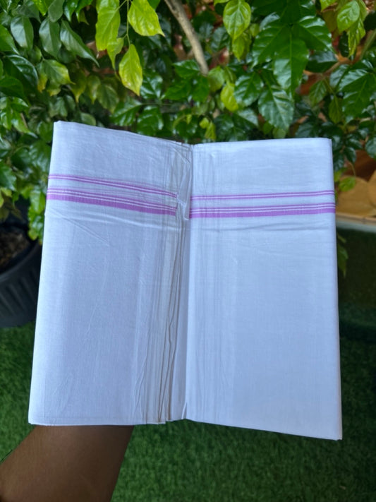 20% DISCOUNT! KaithariKada Balaramapuram 100% Cotton Double PURE WHITE Mundu/Dhoti - 100x100 - 0.5 cm Lavender Pink Stripes Thin Kara 4mtr (8.5 muzham)- 27KK5224 ASH
