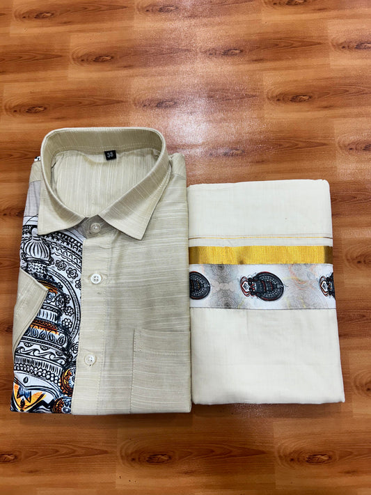 Combo Shirt Mund Mixed cotton - Half Sleeve - KaithariKada - Beige Kadhakali Printed Design - 8 KK5447 ARU