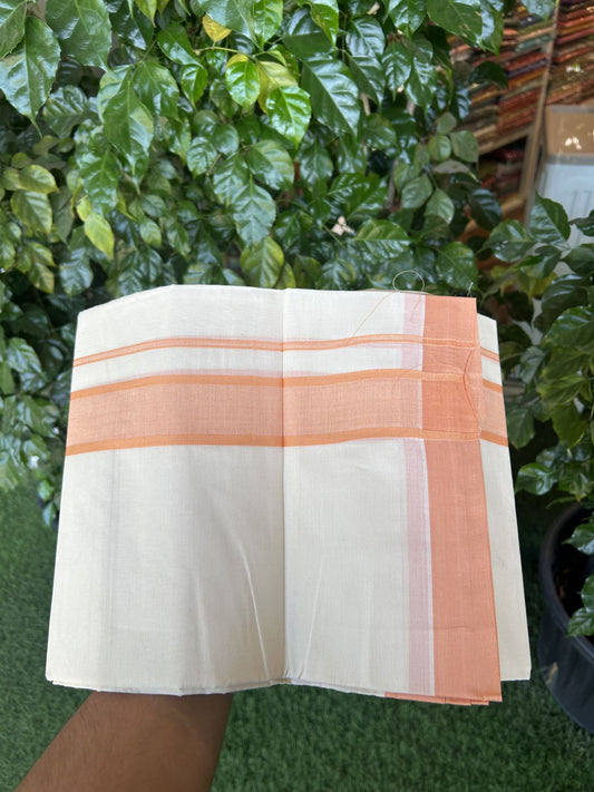 20% Discount! KaithariKada Balaramapuram 100% Cotton Double Off White Mundu/Dhoti- 100x80 - 1.75 inch Coral Orange shaded Kara 4 mtr (8.5 muzham) - 195 KK5361 PMC