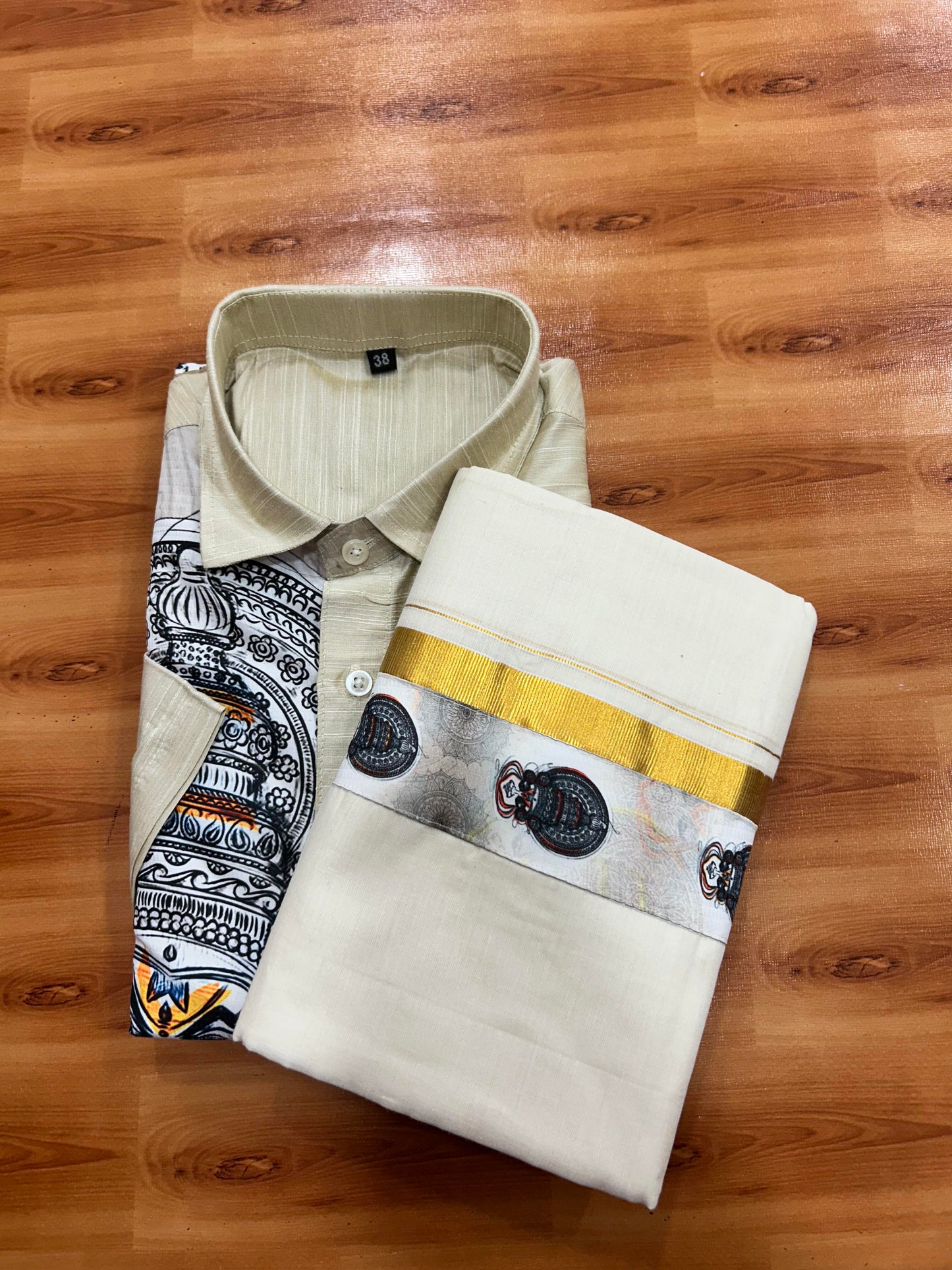 Combo Shirt Mund Mixed cotton - Half Sleeve - KaithariKada - Beige Kadhakali Printed Design - 8 KK5447 ARU