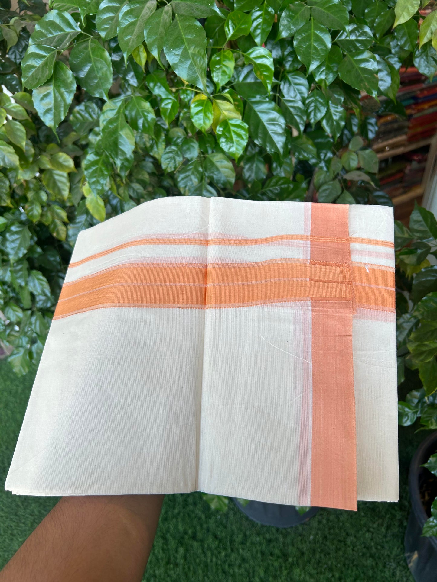 20% Discount! KaithariKada Balaramapuram 100% Cotton Double Off White Mundu/Dhoti- 100x80 - 1.75 inch Peachish Orange striped Kara 4 mtr (8.5 muzham) - 181 KK5361 PMC
