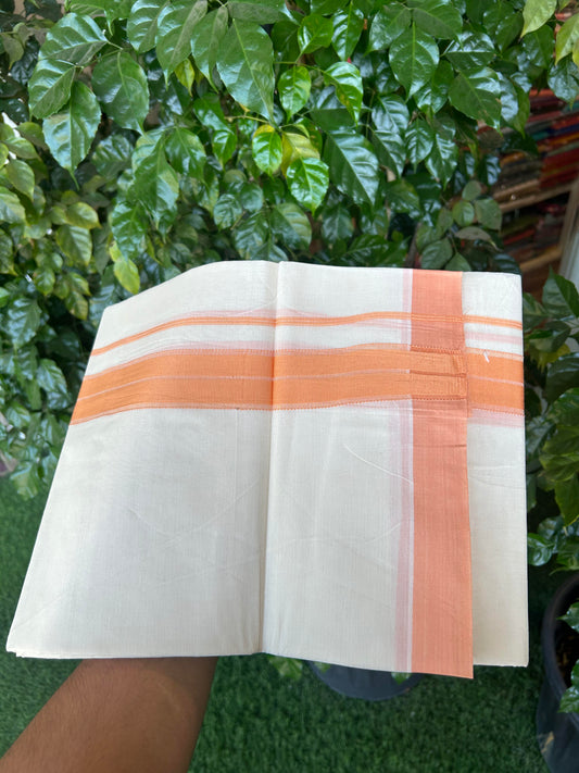 20% Discount! KaithariKada Balaramapuram 100% Cotton Double Off White Mundu/Dhoti- 100x80 - 1.75 inch Peachish Orange striped Kara 4 mtr (8.5 muzham) - 181 KK5361 PMC