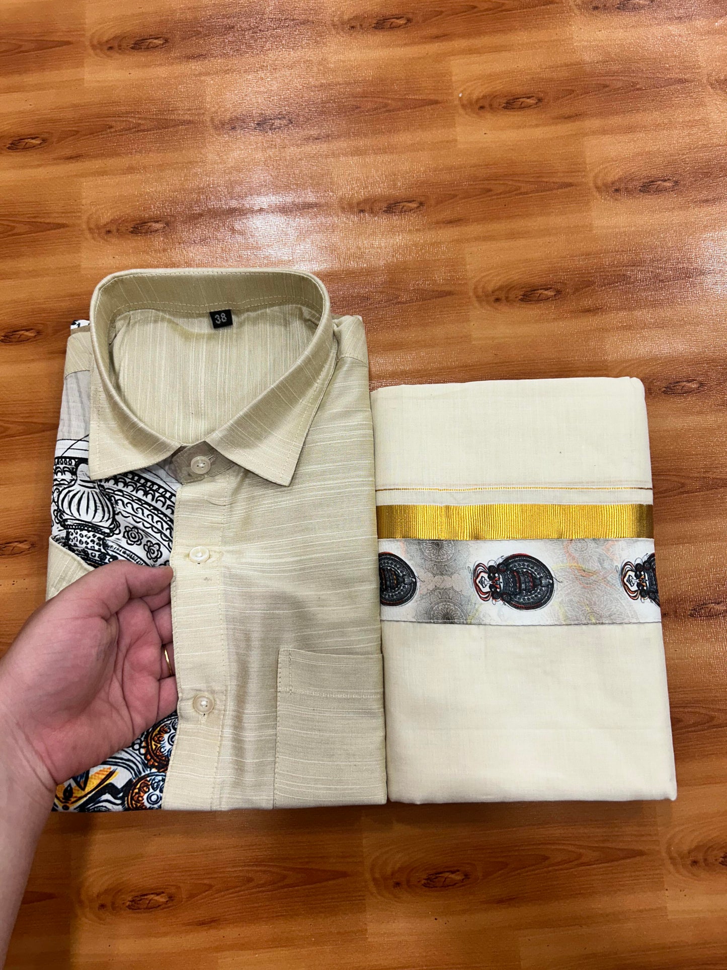 Combo Shirt Mund Mixed cotton - Half Sleeve - KaithariKada - Beige Kadhakali Printed Design - 8 KK5447 ARU