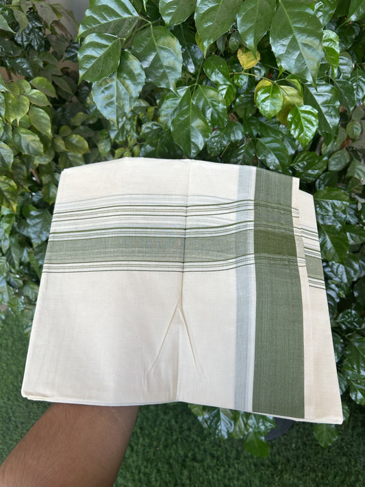 20% Discount! KaithariKada Balaramapuram 100% Cotton Double Off White Mundu/Dhoti- 100x80 -1.75 inch Olive Green Shaded Striped Kara 4 mtr (8.5 muzham) - 220 KK5361 PMC