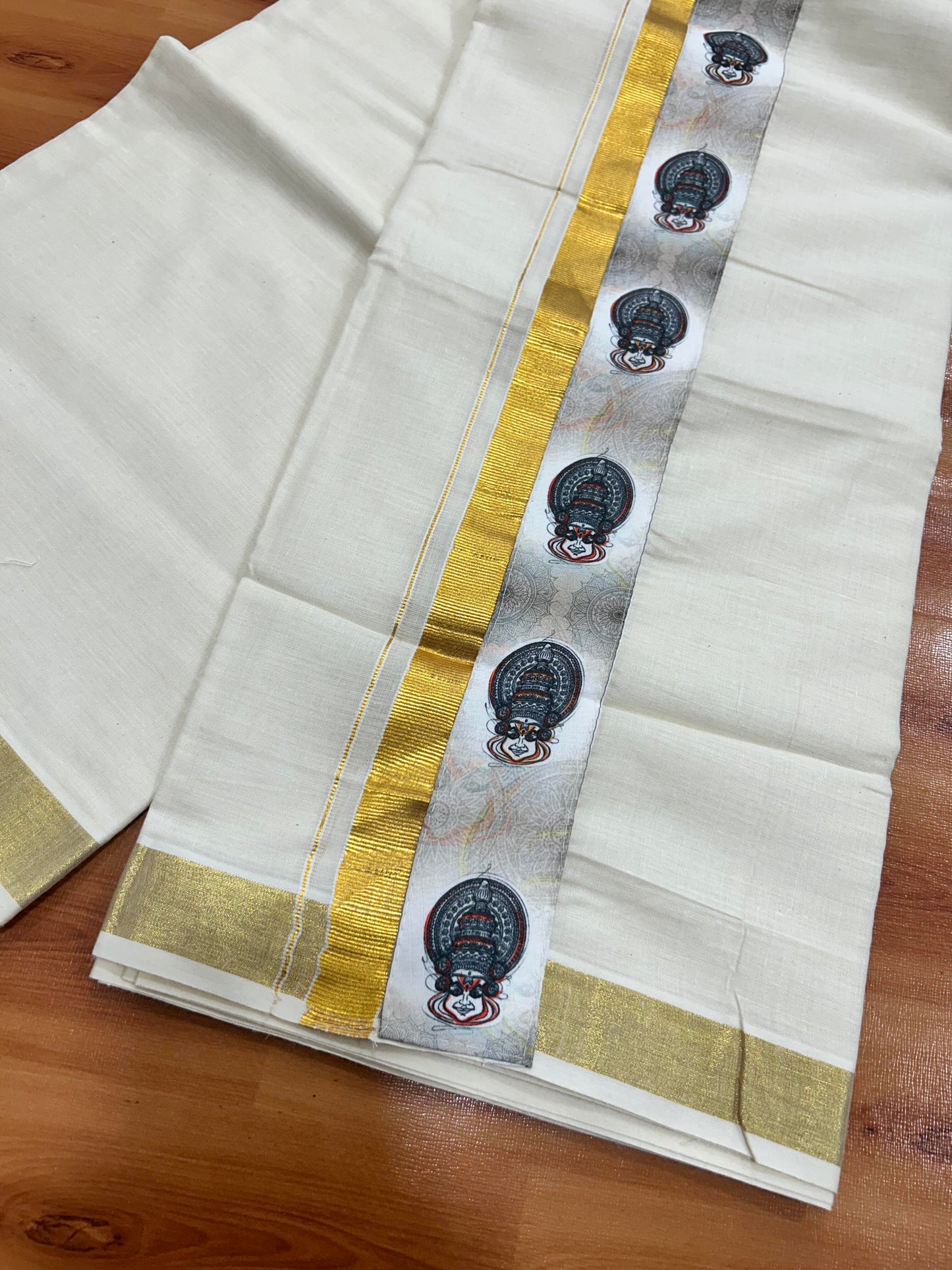 Combo Shirt Mund Mixed cotton - Half Sleeve - KaithariKada - Beige Kadhakali Printed Design - 8 KK5447 ARU