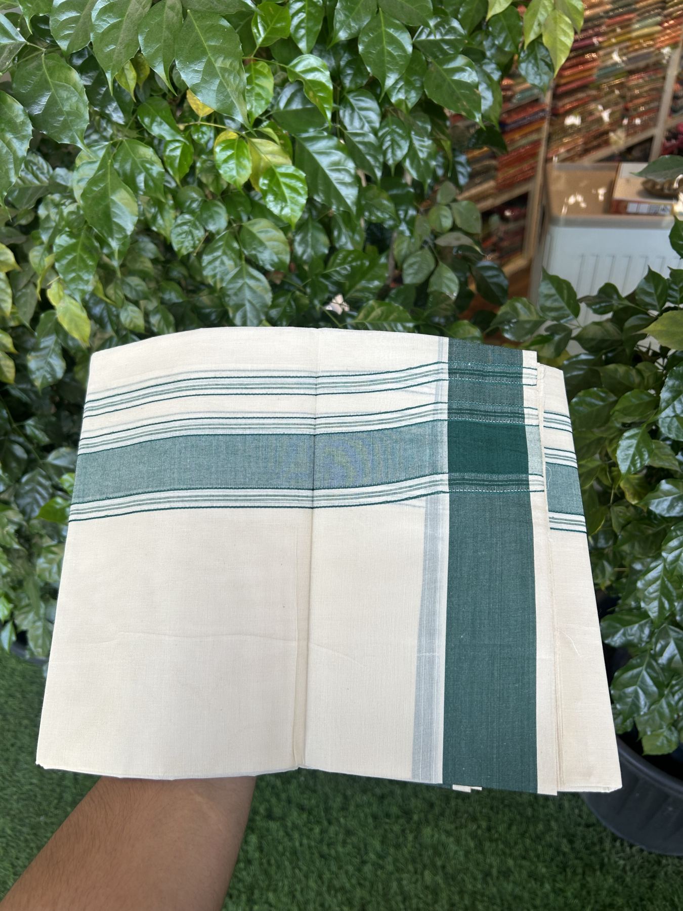 20% Discount! KaithariKada Balaramapuram 100% Cotton Double Off White Mundu/Dhoti- 100x80 -1.75 inch Green Shaded Striped Kara 4 mtr (8.5 muzham) - 219 KK5361 PMC