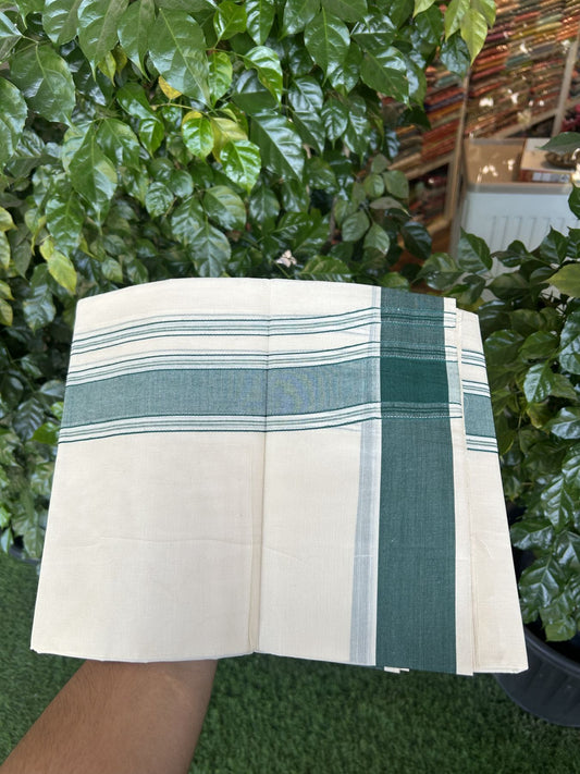 20% Discount! KaithariKada Balaramapuram 100% Cotton Double Off White Mundu/Dhoti- 100x80 -1.75 inch Green Shaded Striped Kara 4 mtr (8.5 muzham) - 219 KK5361 PMC