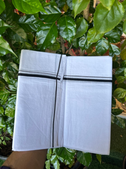 20% DISCOUNT! KaithariKada Balaramapuram 100% Cotton Double PURE WHITE Mundu/Dhoti - 100x100 - 0.5 cm Black Thin Kara 4 mtr (8.5 muzham) - 23KK5224 ASH