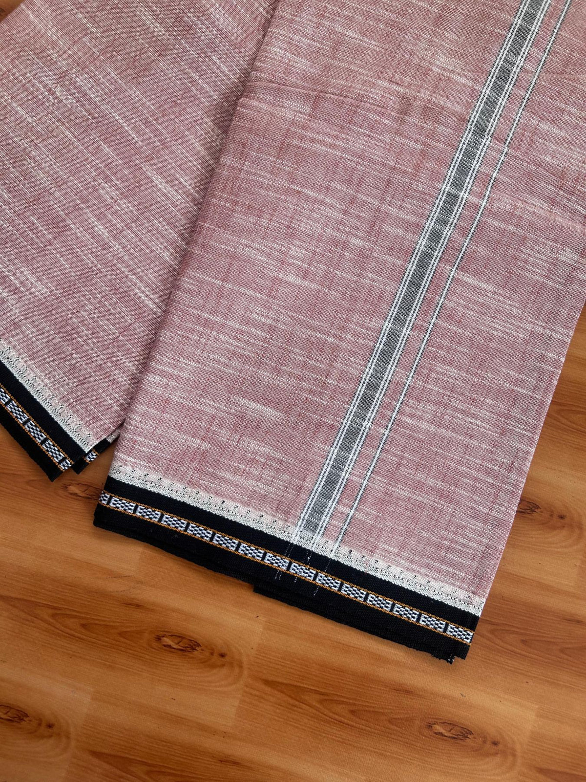 Premium Kathar Type Mund Pure cotton - Kaitharikada - Single Kaily / Lungi - 1 inch Black & White Kara kuppadam Border with Dusty Peach White Shaded colour body  (2 meter / 4 muzham)- 16 KK8079 MUT