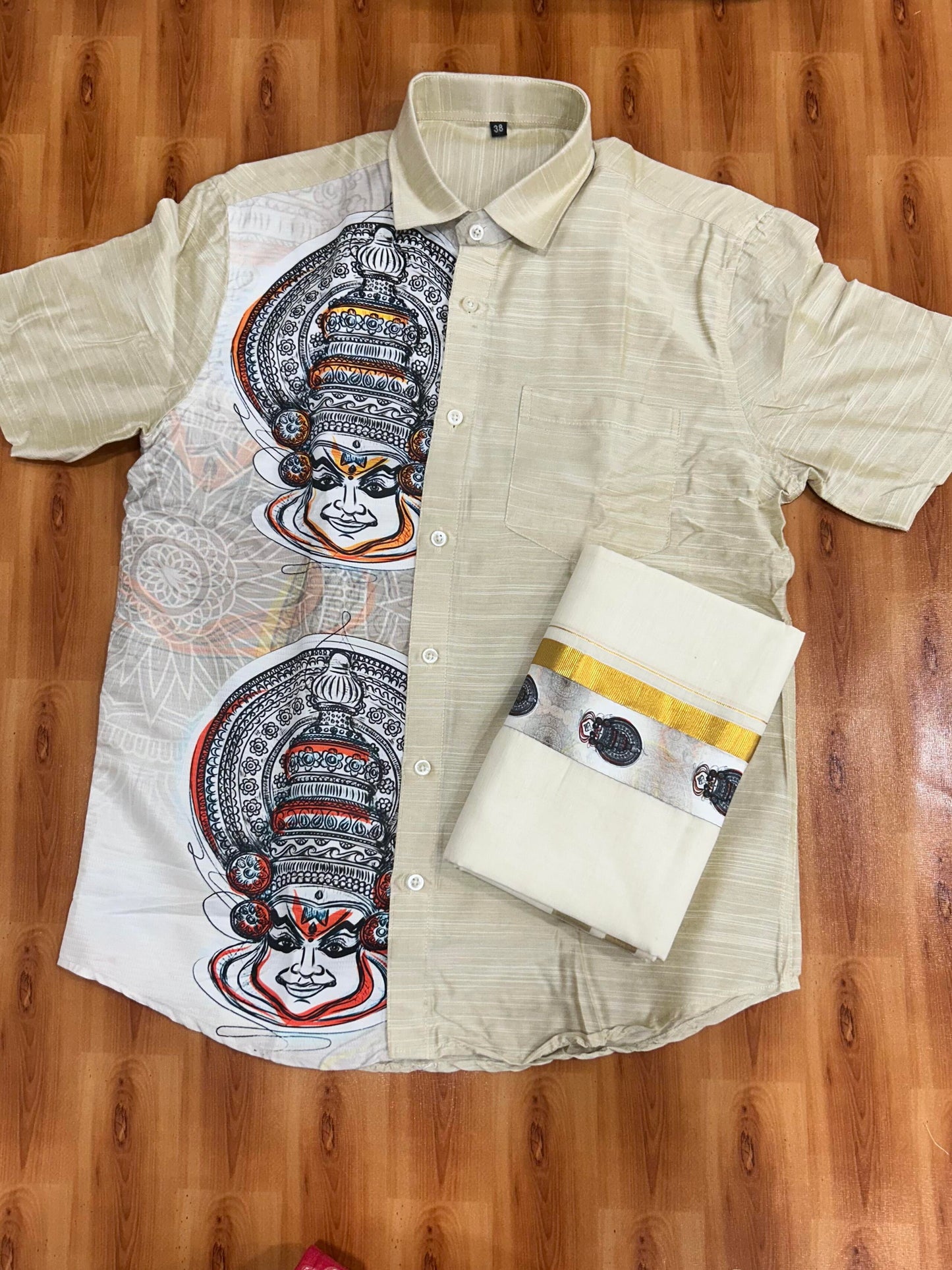 Combo Shirt Mund Mixed cotton - Half Sleeve - KaithariKada - Beige Kadhakali Printed Design - 8 KK5447 ARU
