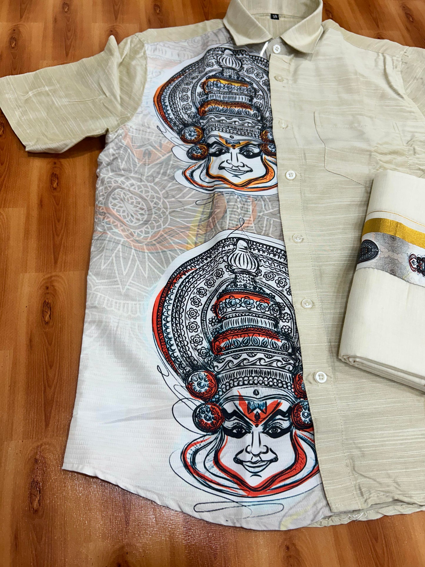 Combo Shirt Mund Mixed cotton - Half Sleeve - KaithariKada - Beige Kadhakali Printed Design - 8 KK5447 ARU