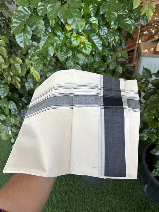 20% Discount! KaithariKada Balaramapuram 100% Cotton Double Off White Mundu/Dhoti- 100x80 -1.75 inch Black Shaded Striped Kara 4 mtr (8.5 muzham) - 221 KK5361 PMC
