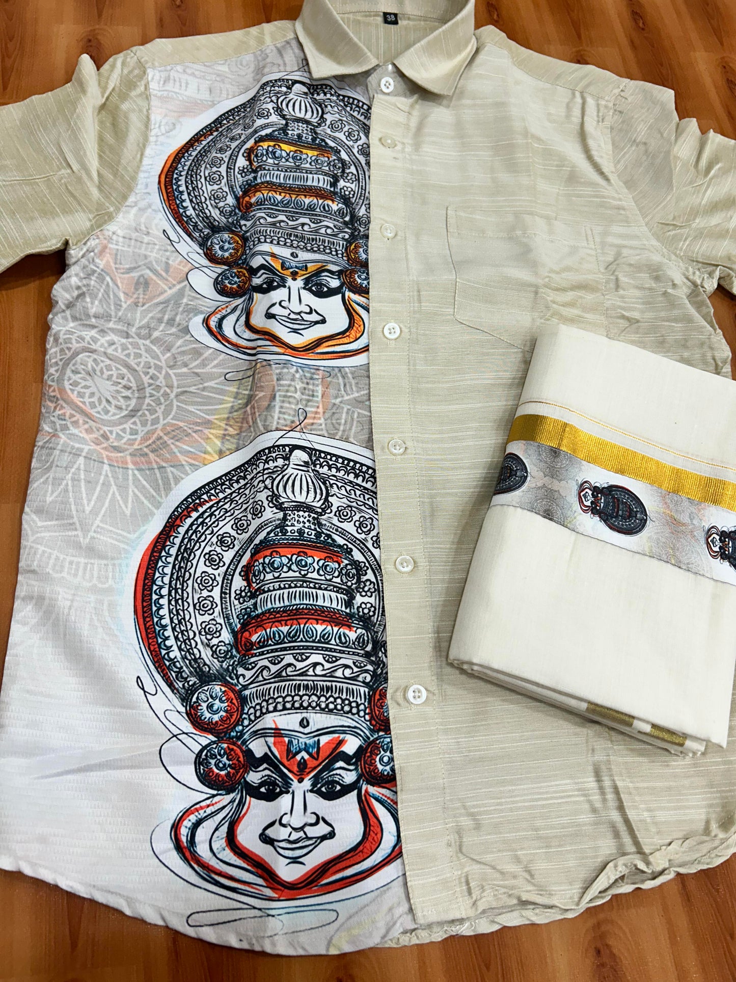 Combo Shirt Mund Mixed cotton - Half Sleeve - KaithariKada - Beige Kadhakali Printed Design - 8 KK5447 ARU