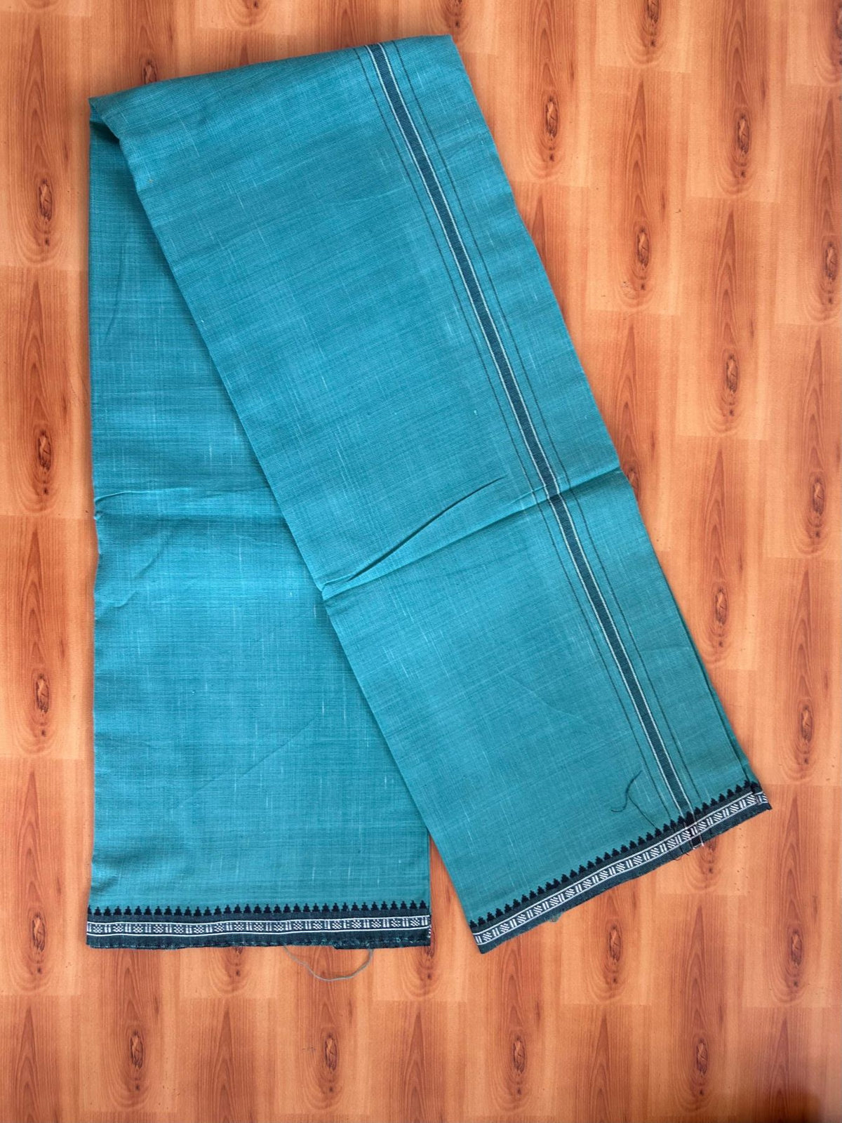Premium Kathar Type Mund Pure cotton - Kaitharikada - Single Kaily / Lungi - 1 inch White & Black Stripes Kara kuppadam Border with Teal Green colour body (2 meter / 4 muzham) - 17 KK8079 MUT