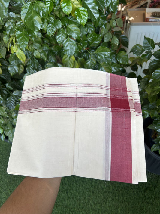 20% Discount! KaithariKada Balaramapuram 100% Cotton Double Off White Mundu/Dhoti- 100x80 -1.75 inch Maroon Shaded Striped Kara 4 mtr (8.5 muzham) - 218 KK5361 PMC